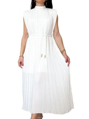 KEOMUD Sleeveless White Pleated Midi Dress with Rope Belt Mock Neck Large